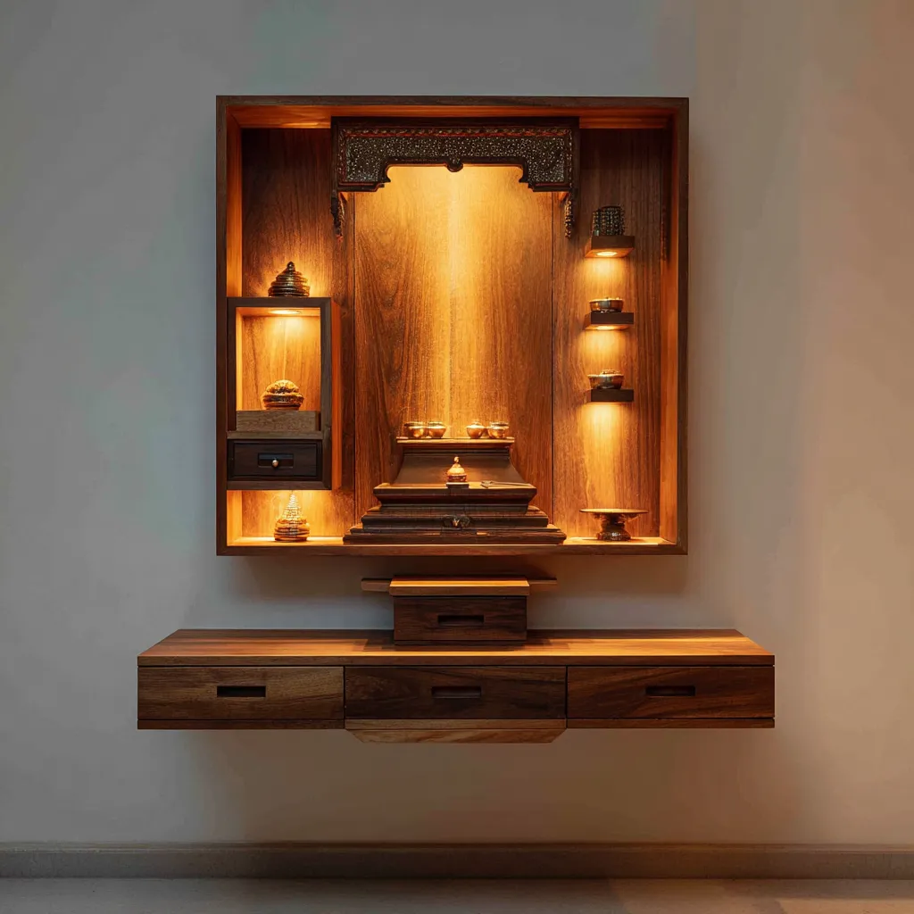 Wall Mounted Mandir Design with Drawer Platform