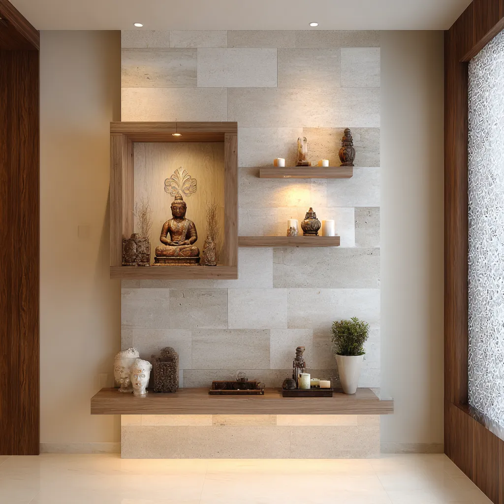 Wall Mounted Mandir Design with Stone Cladding