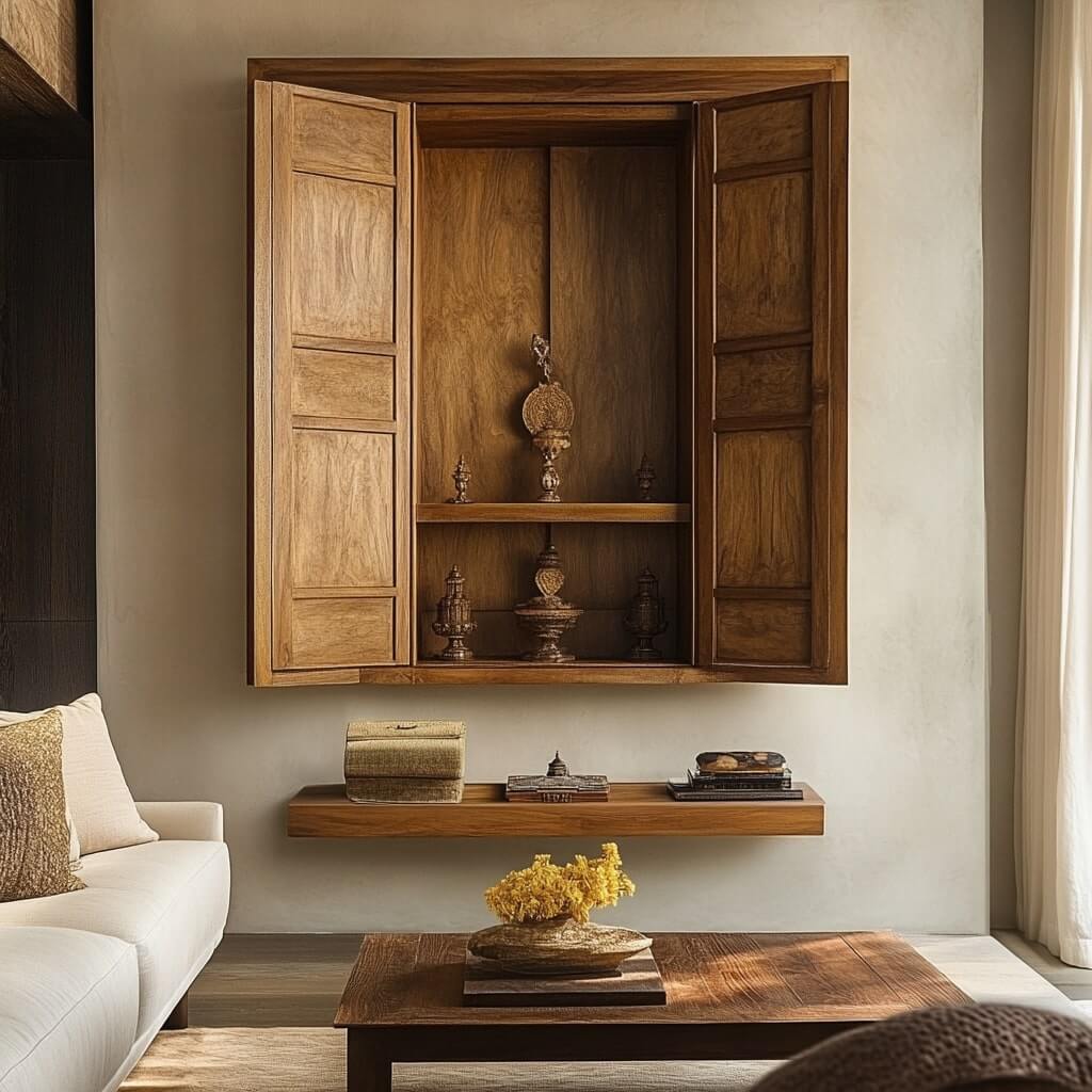 Wall-Mounted Pooja Room Design Idea with Foldable Feature