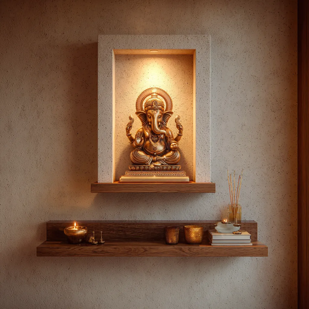 Wall-Mounted Pooja Shelf Design with Backlit Panel for Apartments