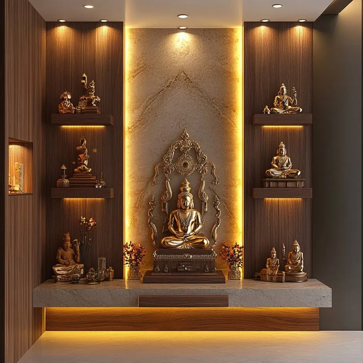 Small Wall-Mounted Pooja Room Design in Apartment