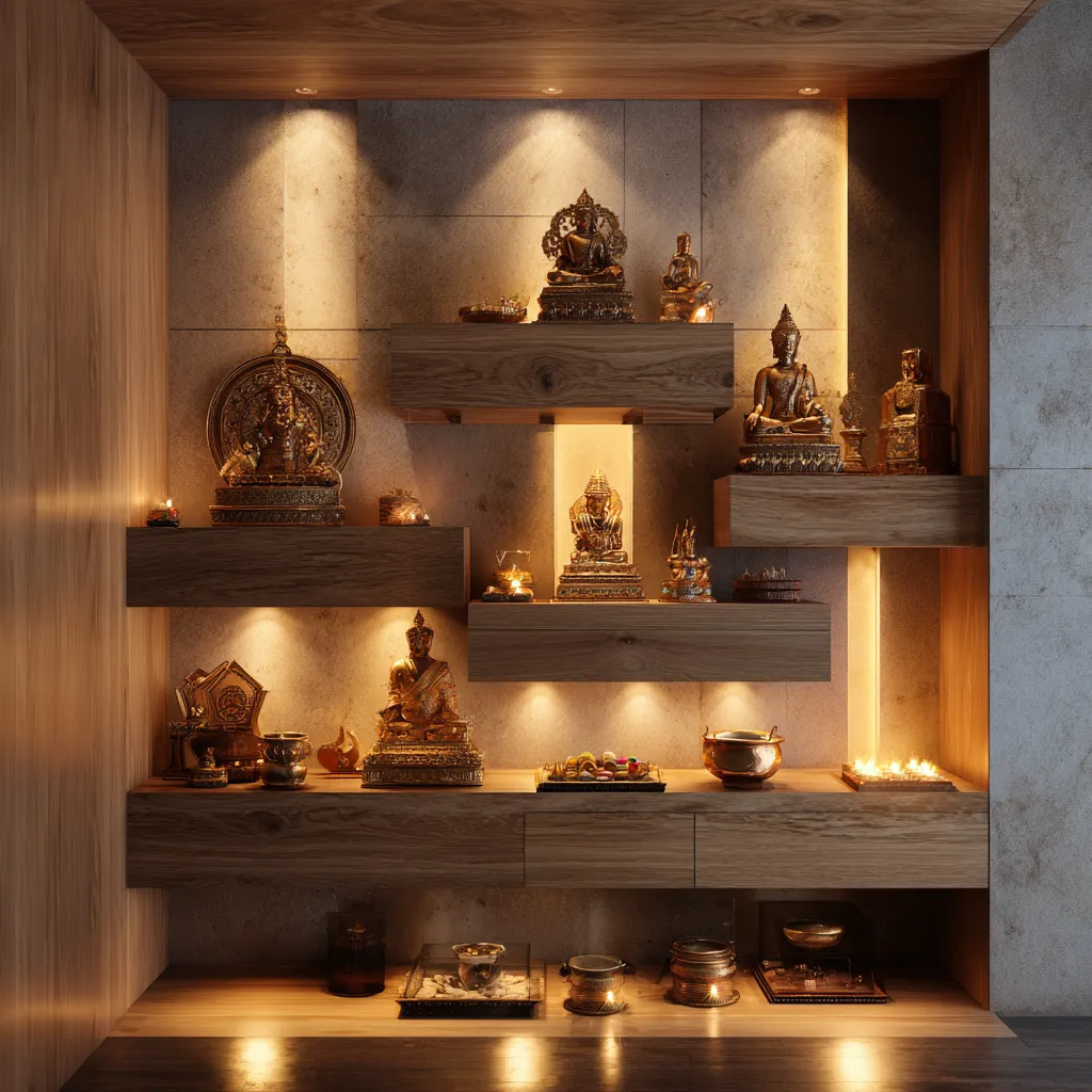 Wall Mounted Temple Design with Step-Style Shelves