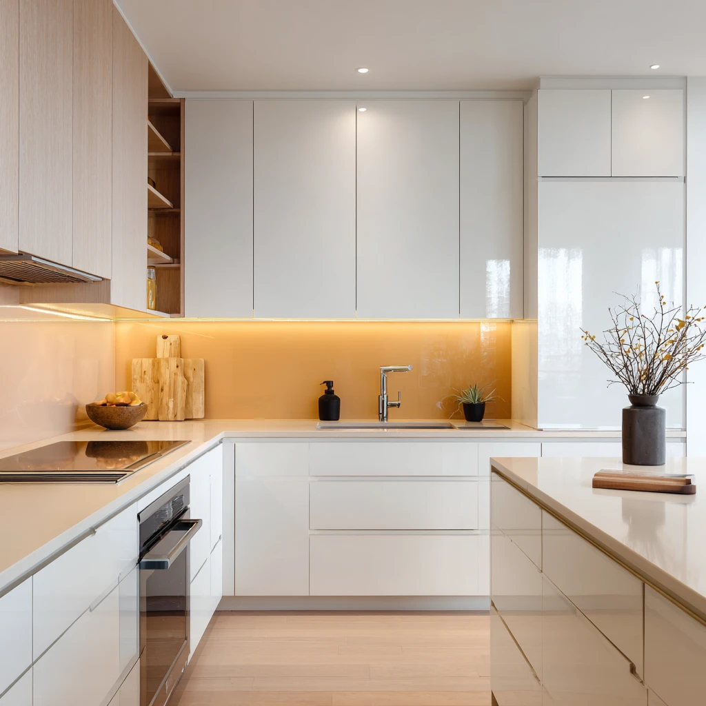 White and Pastel Orange Kitchen Wall Colour Combination as per Vastu