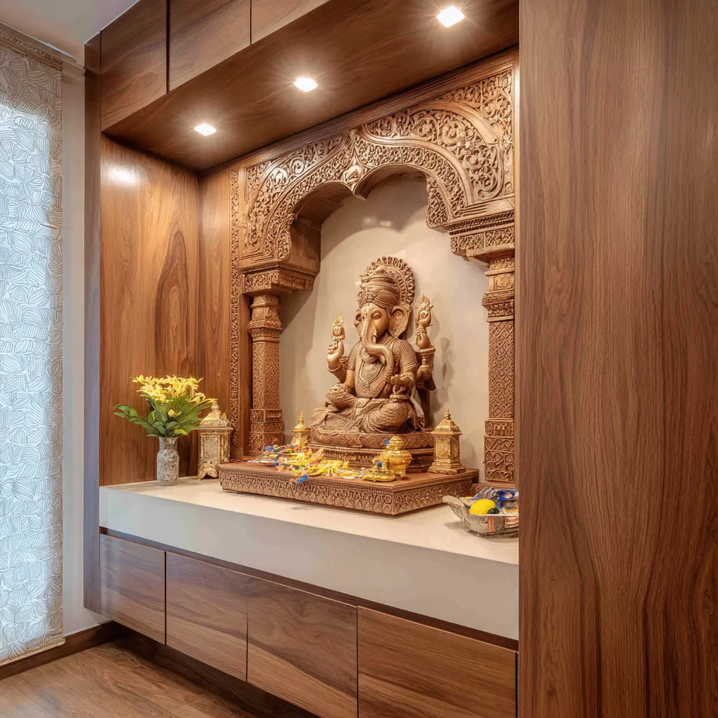 Wood-finish Laminates- Material for Small Pooja Room