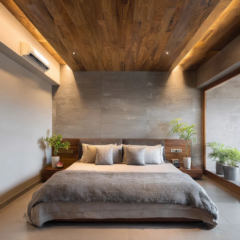 Wooden Slatted Panels- Bedroom Ceiling Design Trends