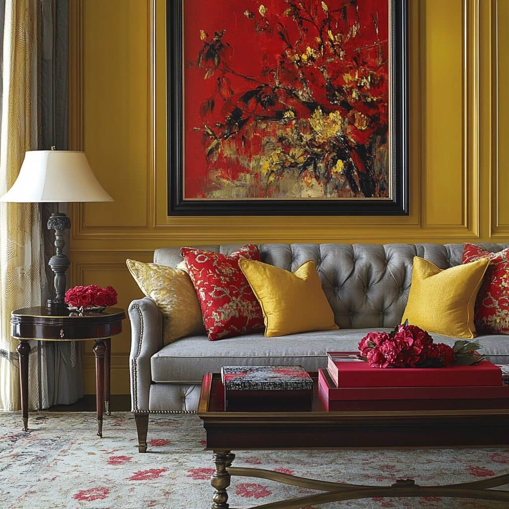 Yellow and Grey and Red colour combination for wall