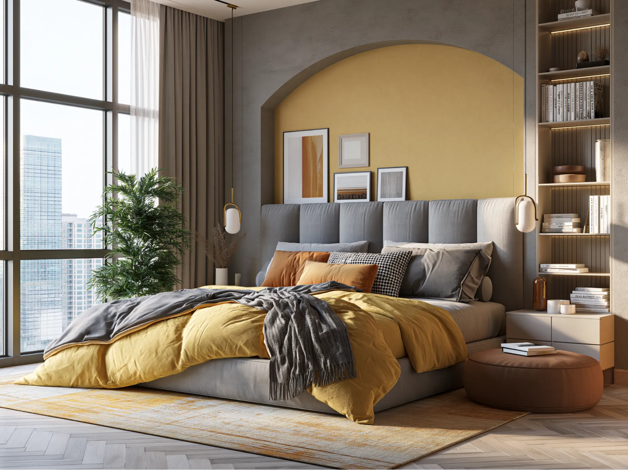Yellow and Grey Colour Combination for Bedroom