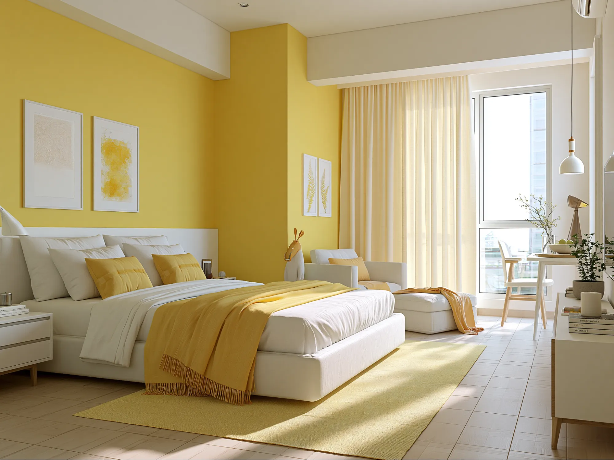 Yellow and White Two Colour Combination for Bedroom Walls