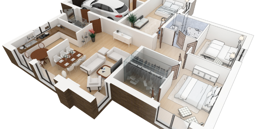 3D 1200 Sqft 3 Bedroom House Plan