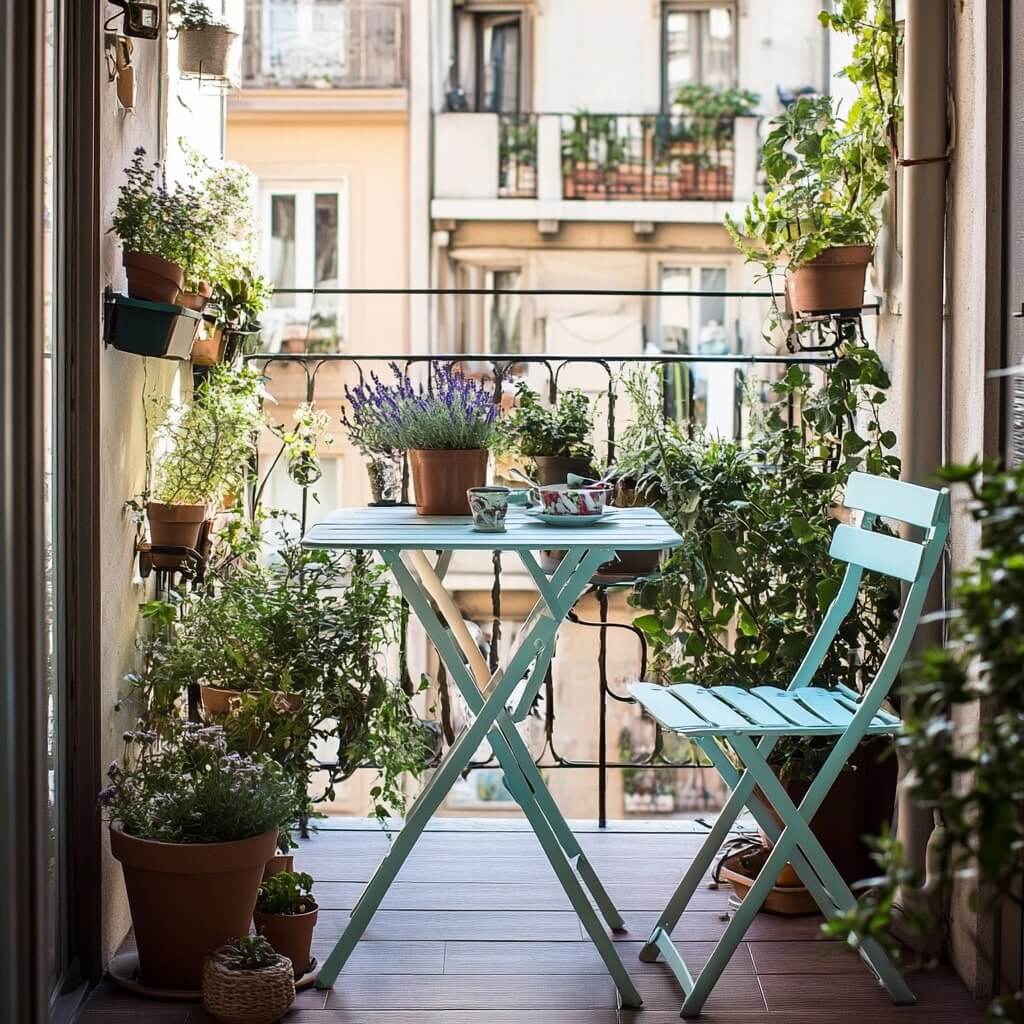 Balcony Garden with a Small Dining Setup