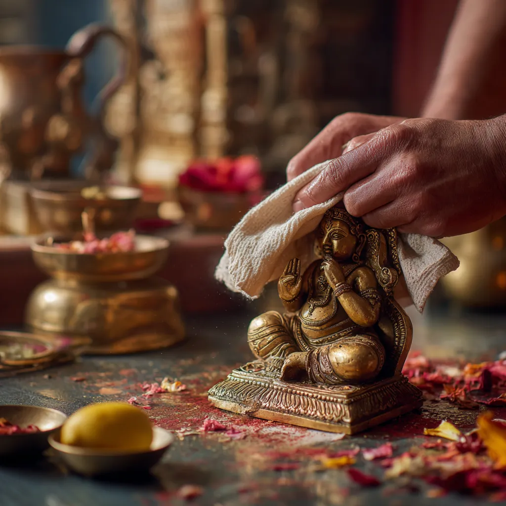 Clean, Rinse and Wipe the Brass Idol Immediately