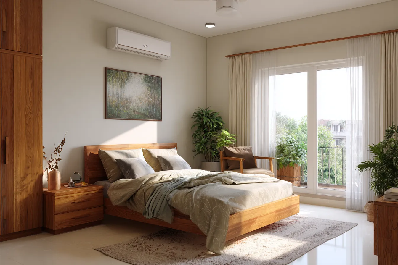 Beige and Cream Bedroom Wall Colour Combination with Double Bed, Wooden Flooring and Warm Ceiling Lights