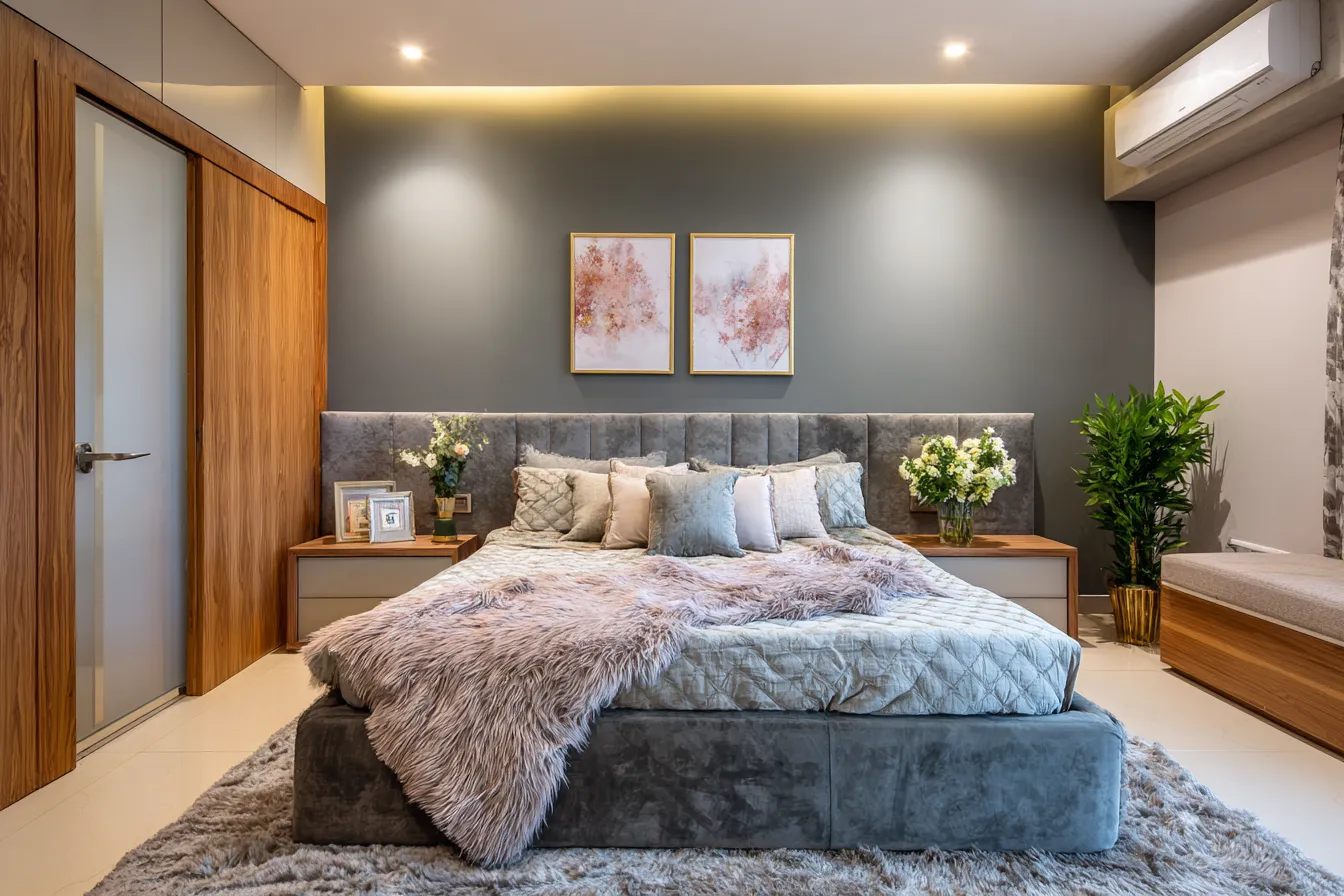 Grey and Warm Taupe Bedroom Wall Colour Combination with Upholstered Double Bed, Wooden Side Tables and Warm Ceiling Lights