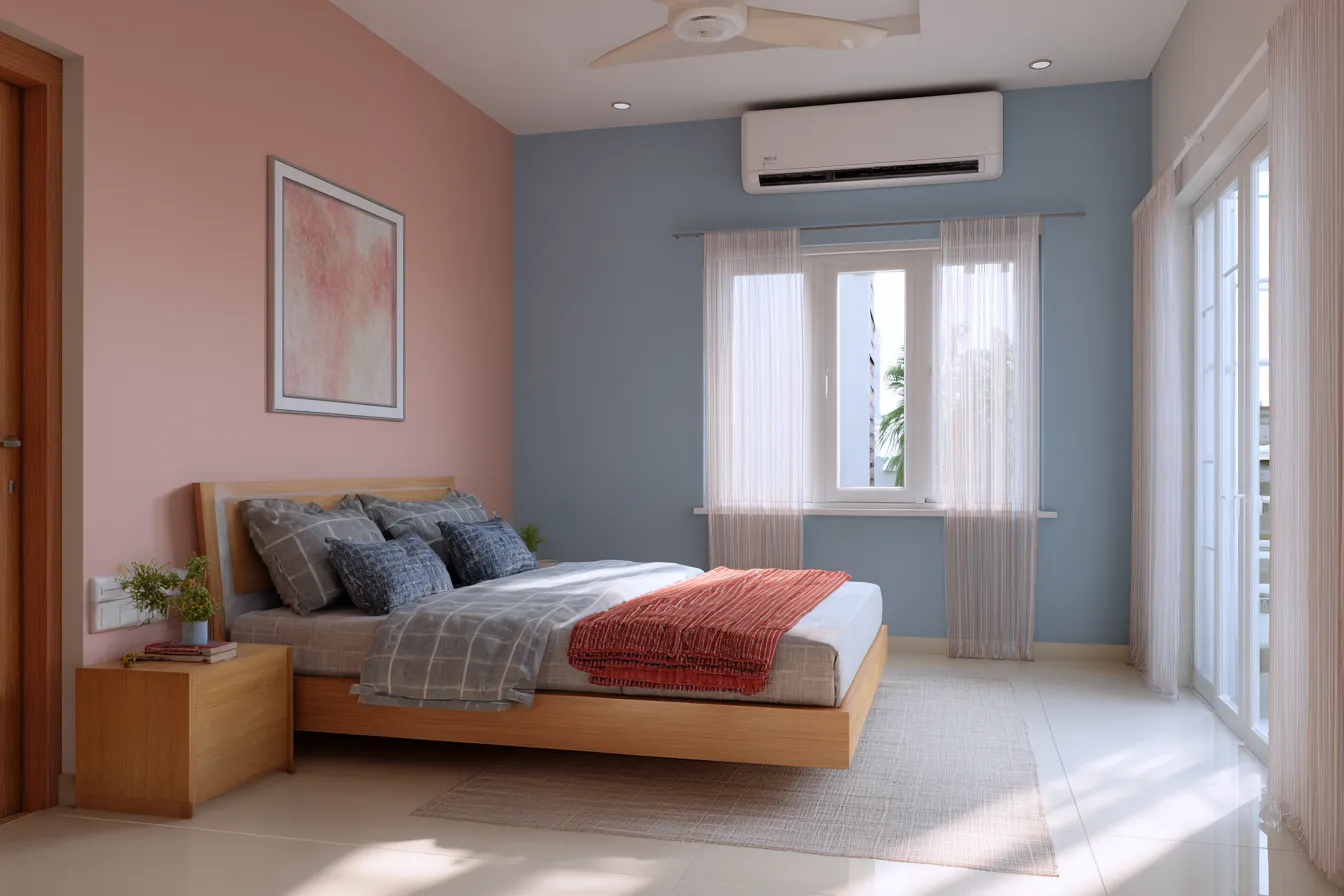 Pink and Blue Bedroom Wall Colour Combination with Wooden Bed, Large Window and Soft Daylight