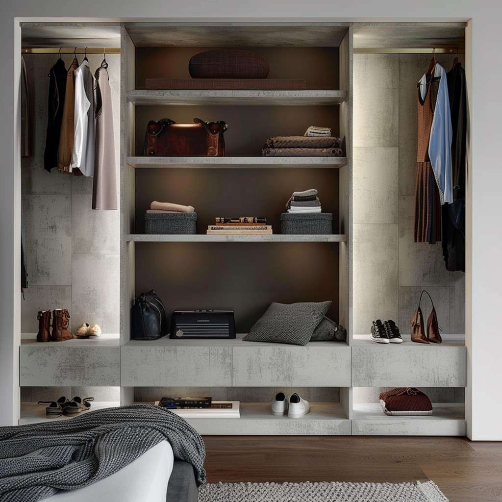 Open-Minimalist Cement Cabinet Design for Bedroom