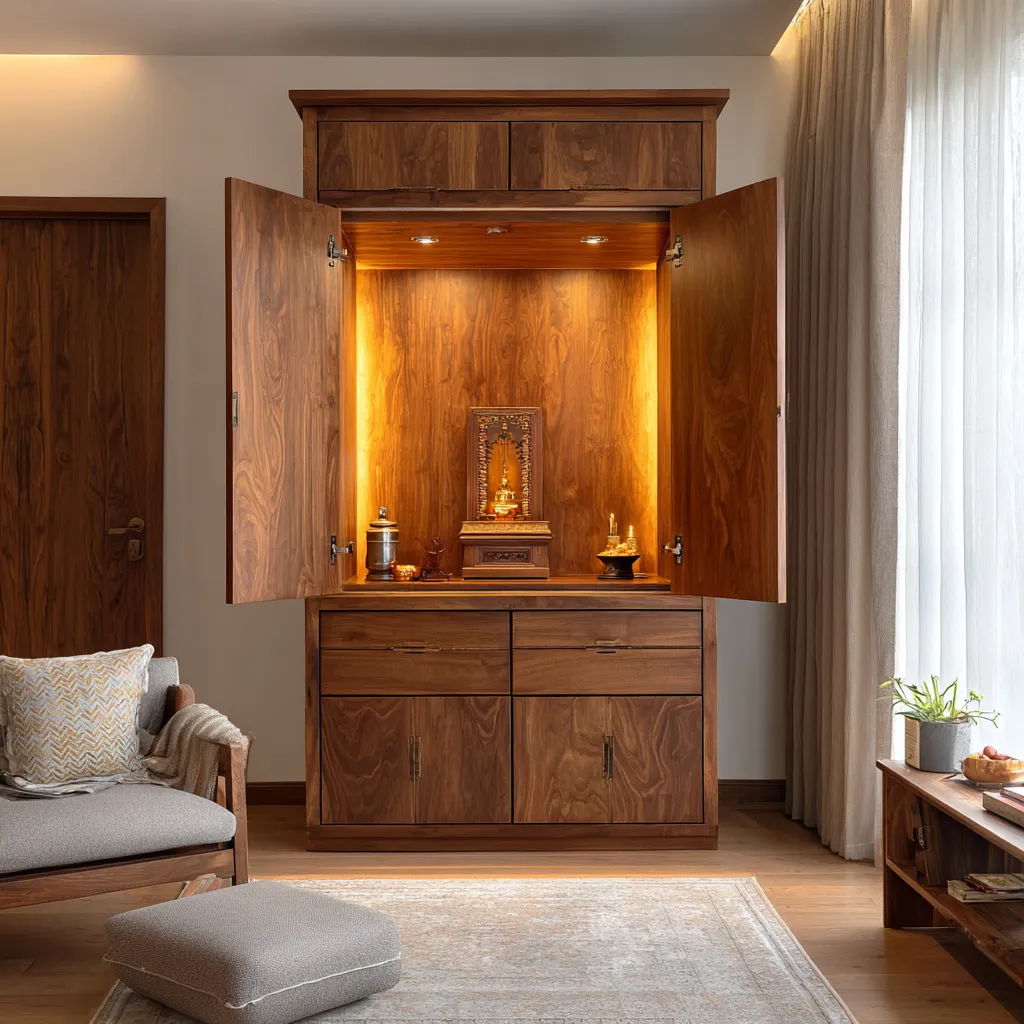 Cabinet-Style Wooden Pooja Room Design for Home