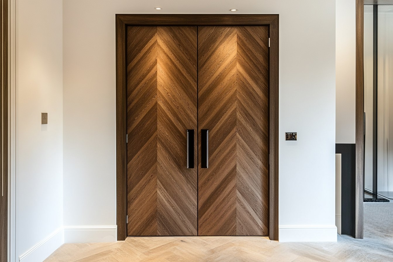 Chevron-Patterned Wooden Mandir Door Design