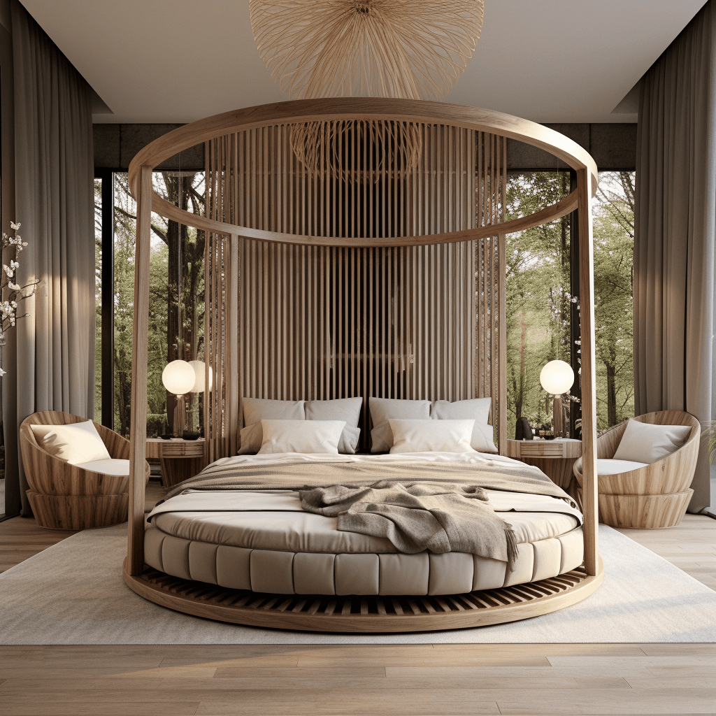 Circular Wooden Four-Poster Bed Design