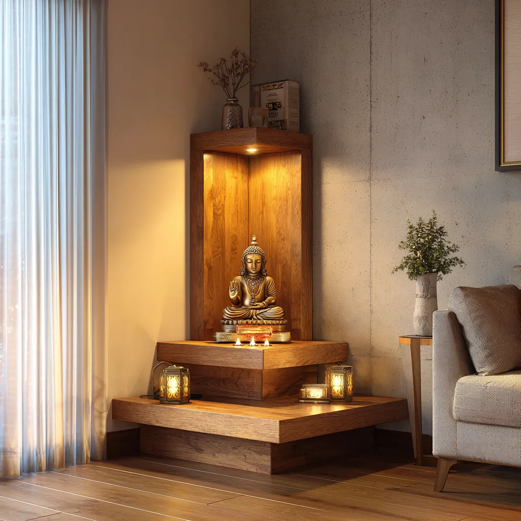 Corner Wooden Mandir Design for Home