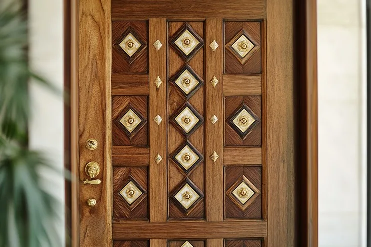 Diamond-Inlay Wooden Pooja Room Door Design