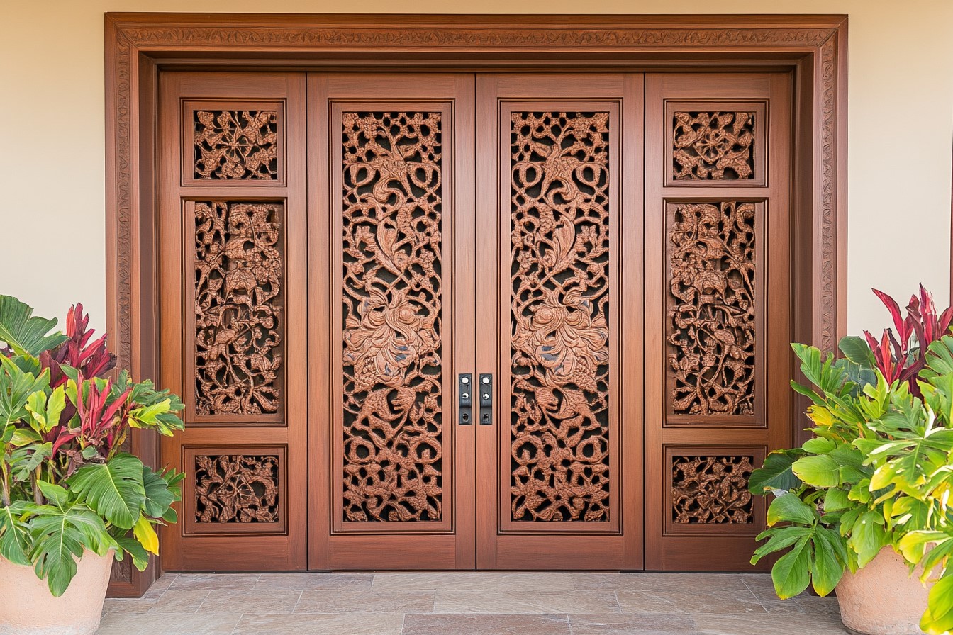 Dual-Panel Oriental Door Design for Home Temple