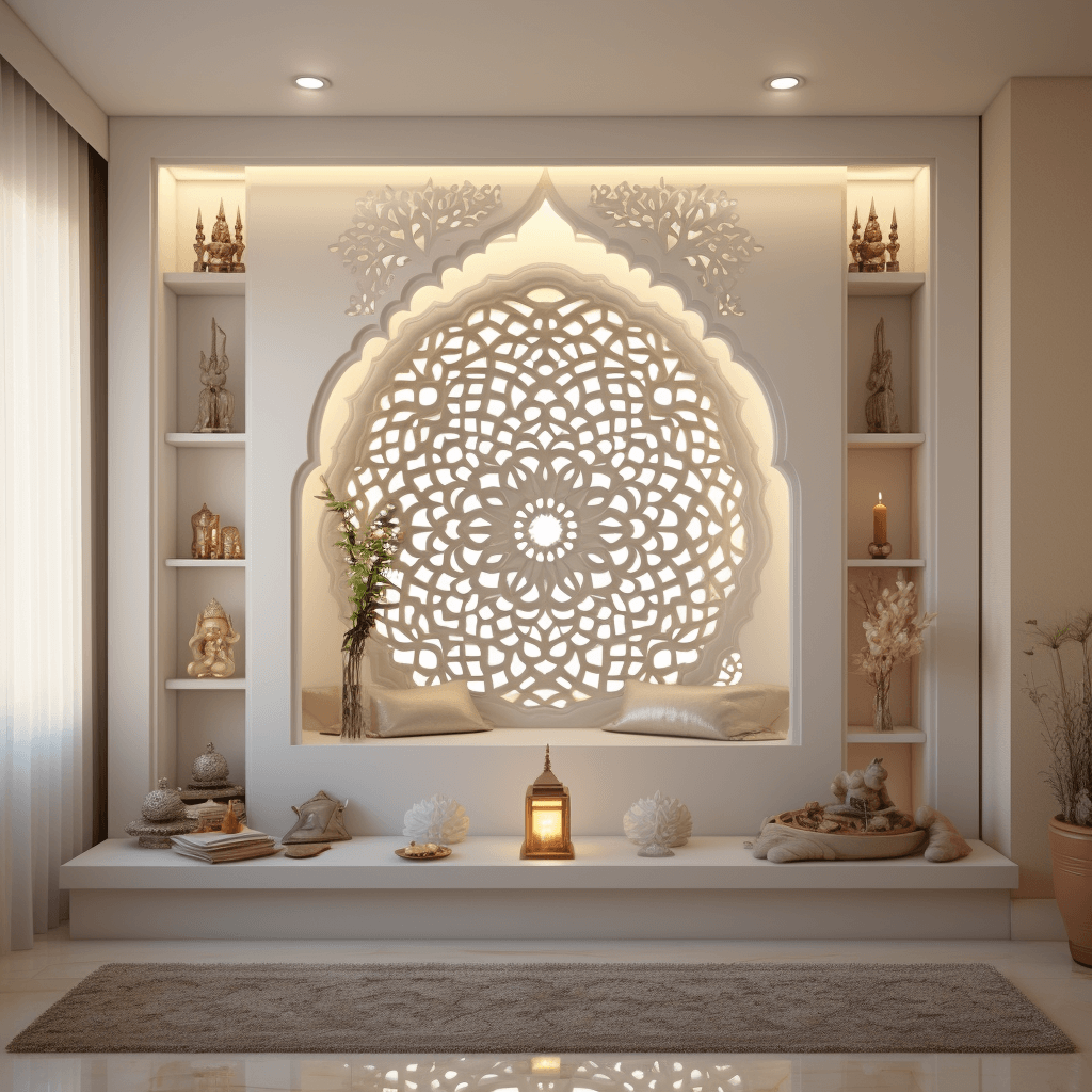 Elaborate Wooden Carvings in White for Pooja Mandir Zen Essence