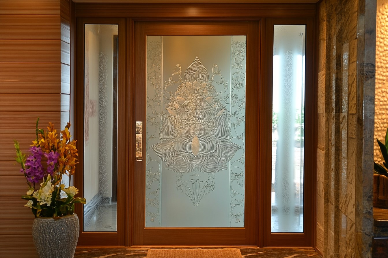 Etched Glass Pooja Room Door Design