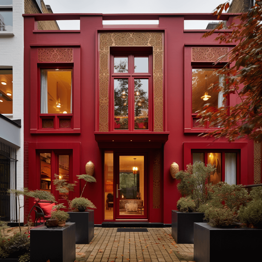 Exterior Wall Paint Colour Combination: Vibrant Red and Gold