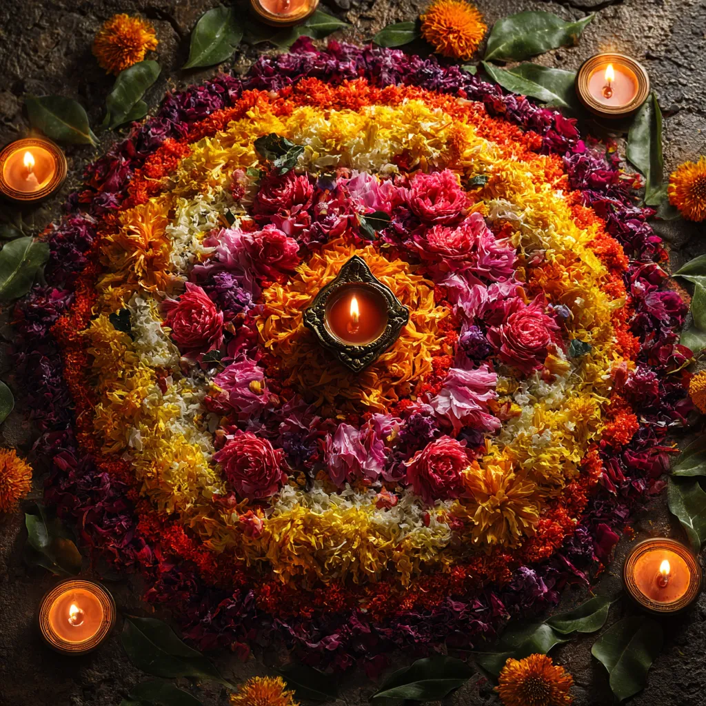 Floral Diya Pattern Pookalam Design for Onam
