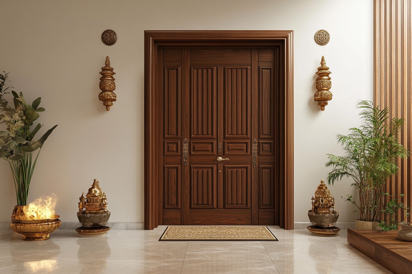 Fluted Wooden Panel Pooja Room Door Design