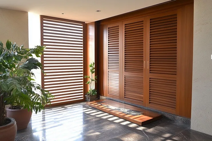 Louvered Wooden Pooja Room Door Design