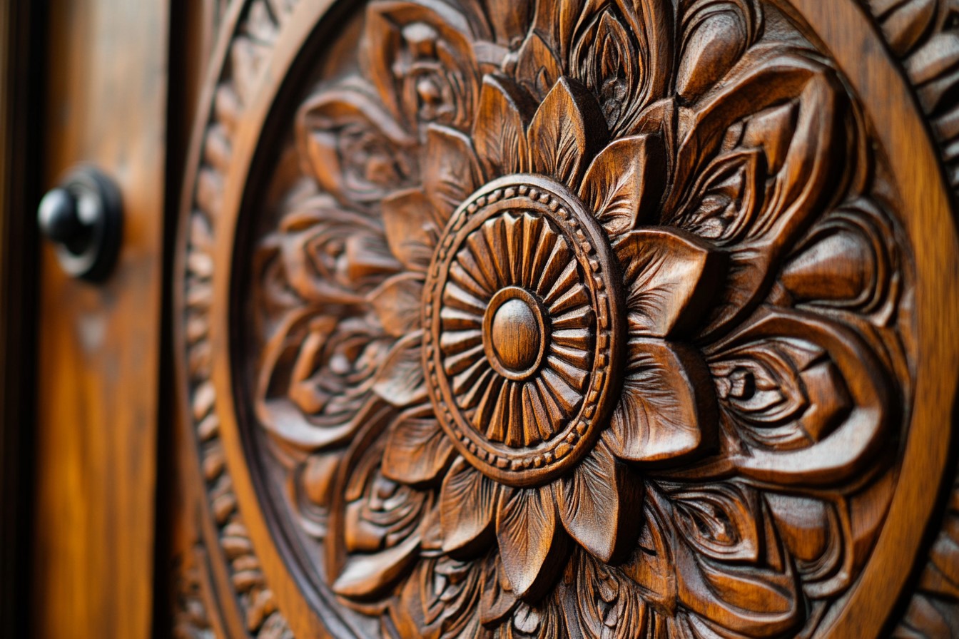 Mandala-Carved Wooden Pooja Room Door Design