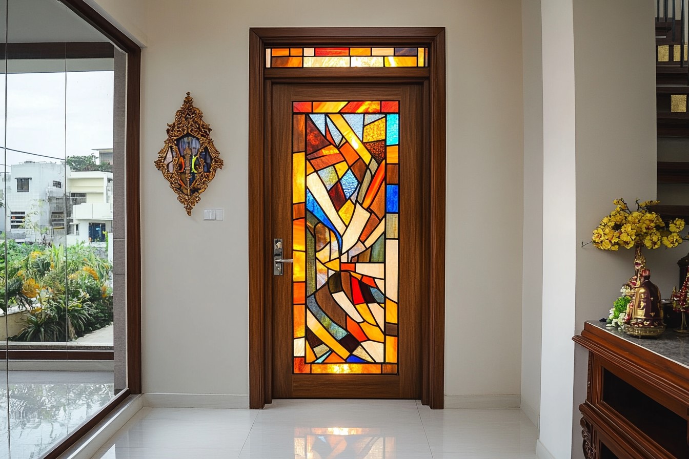 Mandir Single Door Design with Stained Glass