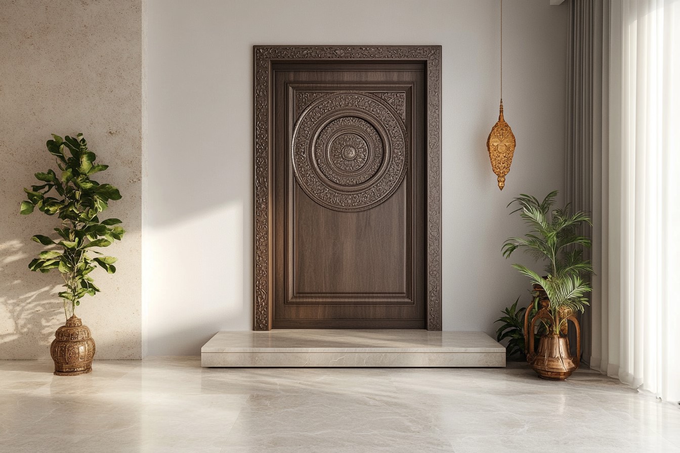 Neutral-Shaded Pooja Room Door Design