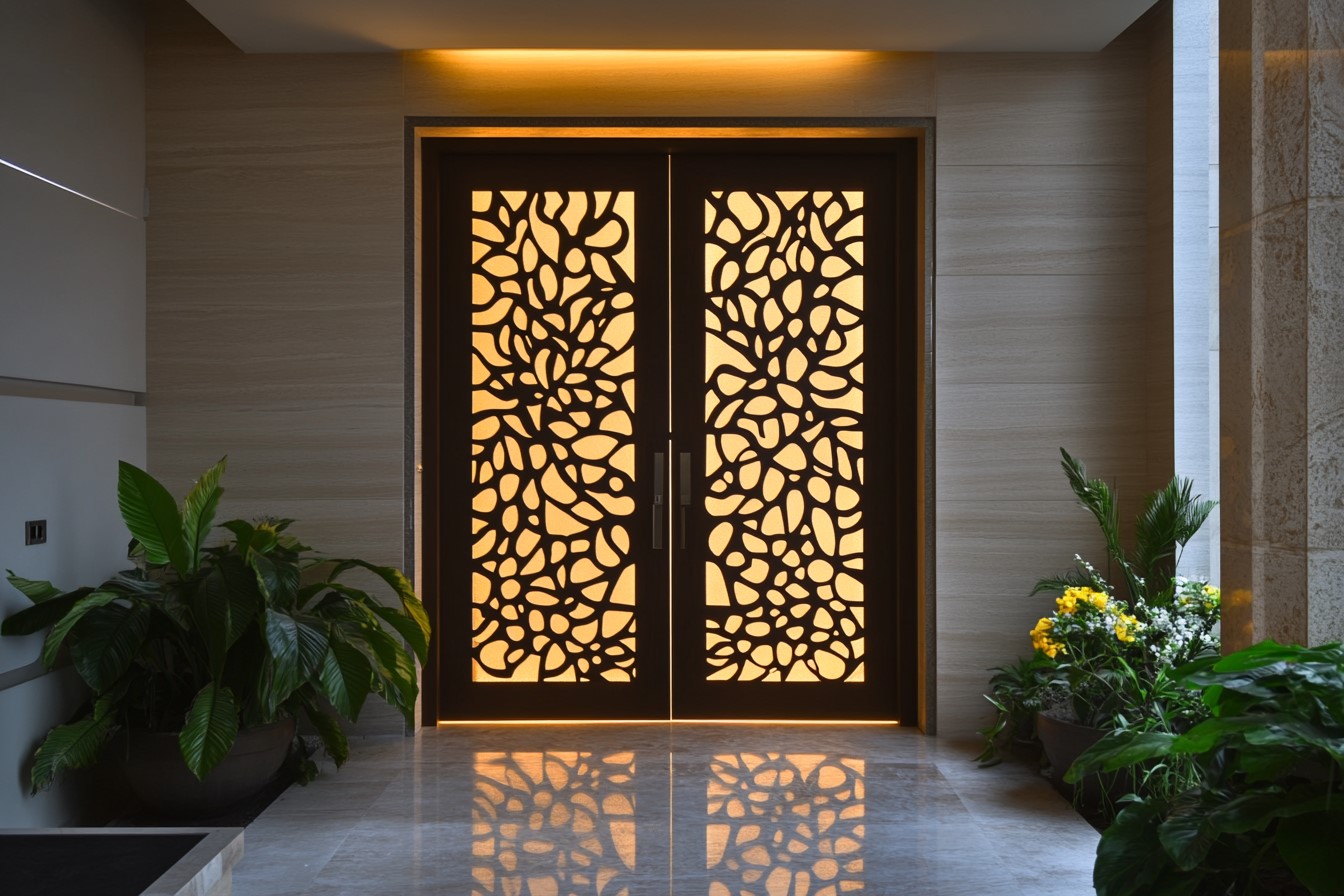 Pooja Room CNC-Cut Door Design with Illuminated Panels