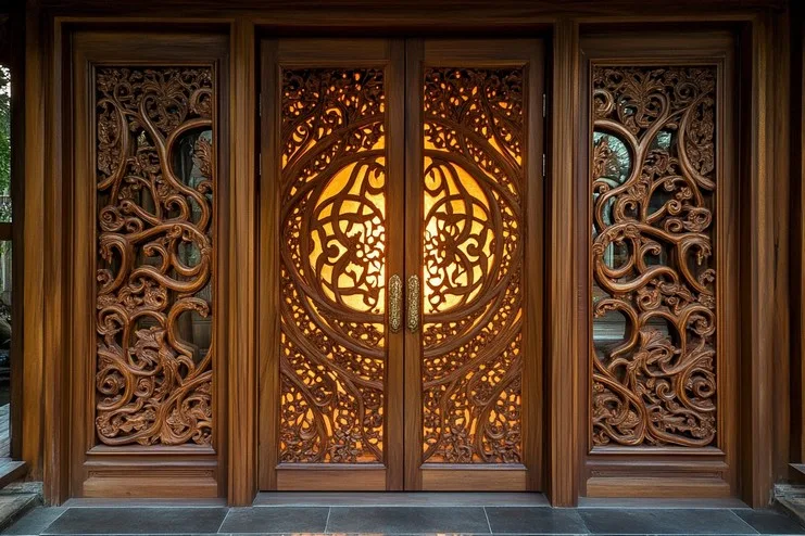 Pooja Room Double Door Design with Carved Cutouts