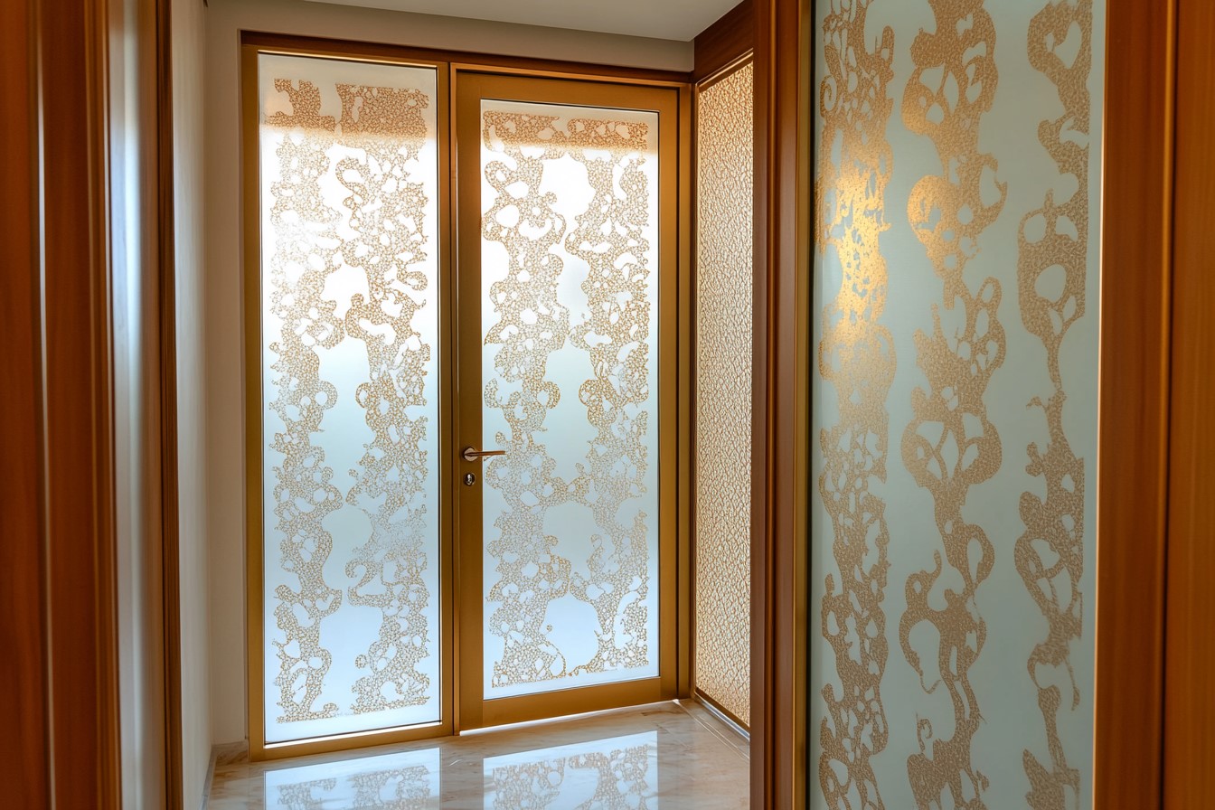 Pooja Room Glass Door with Gold Foil Patterns