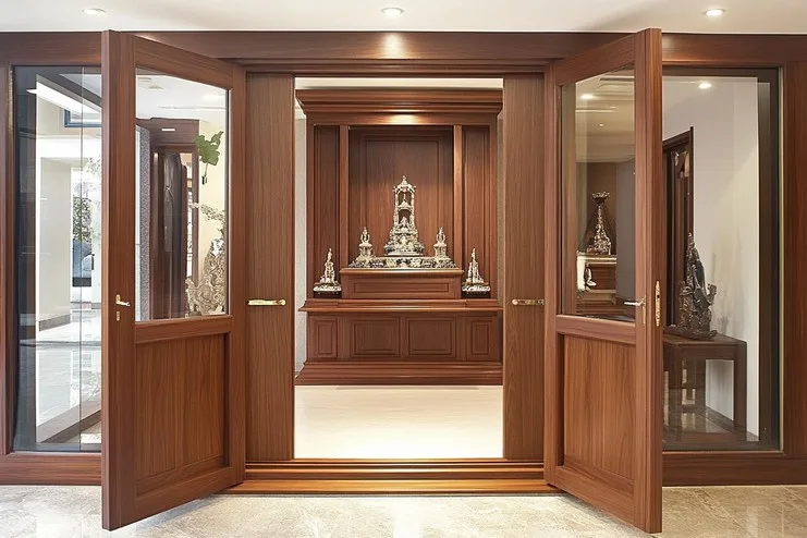 Pooja Room Open Door Design with Some Fixed Panels