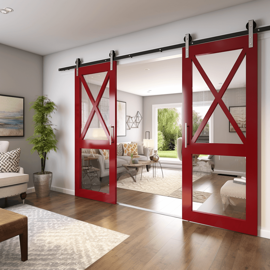 Red Double Front Barn Doors With Glass Panels