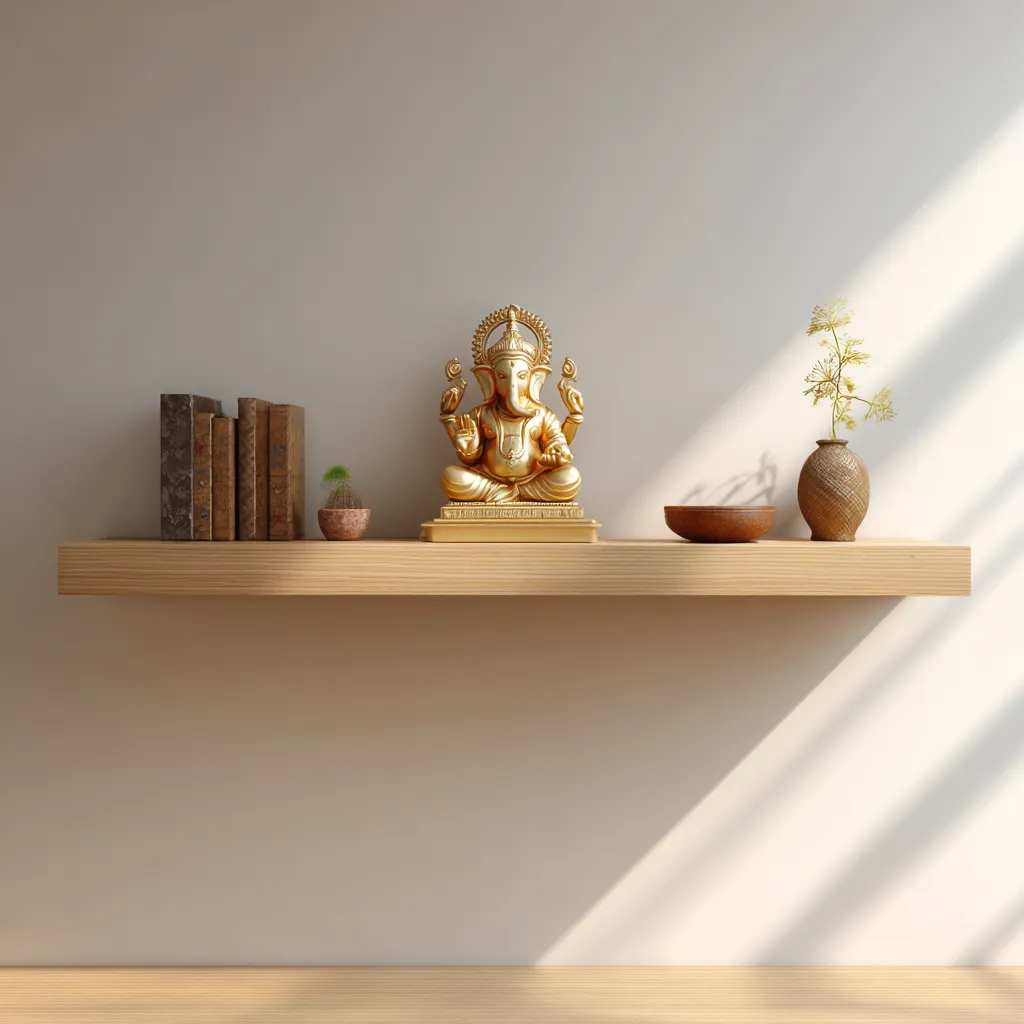 Simple Open Shelf Wooden Temple Design for Compact Homes