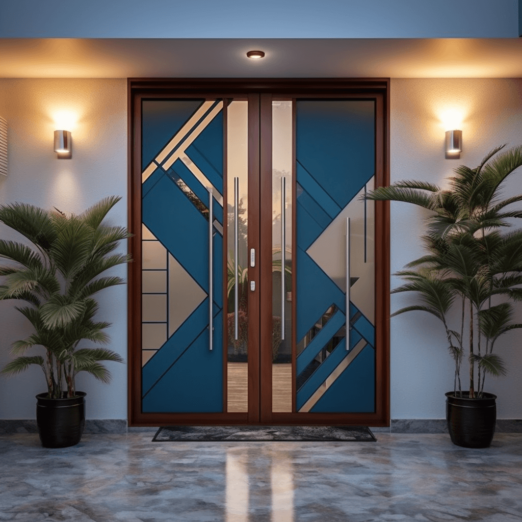 Teak Main Door Design with Designer Glass Panels