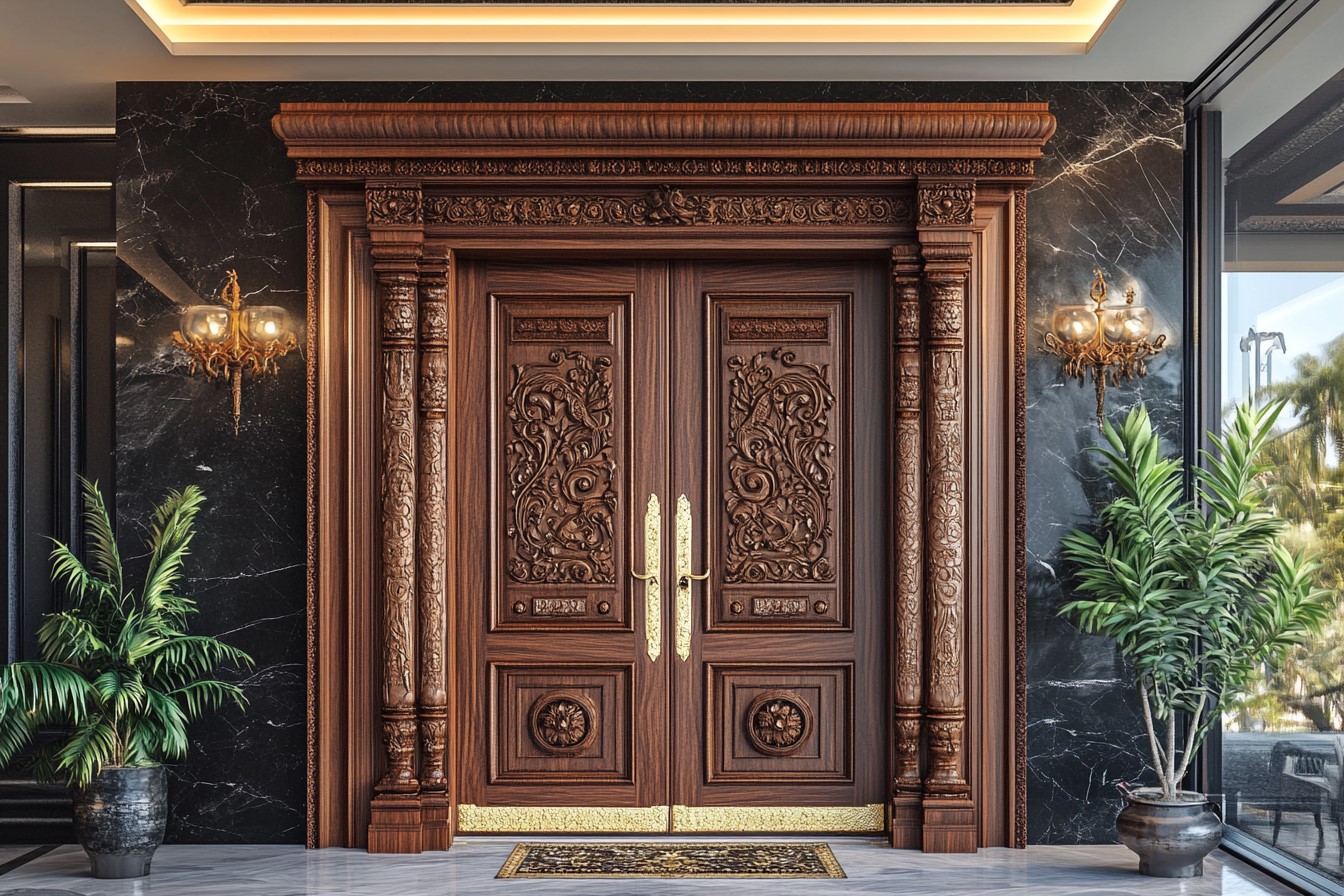 Teak Wood Carved Door Design for Pooja Room