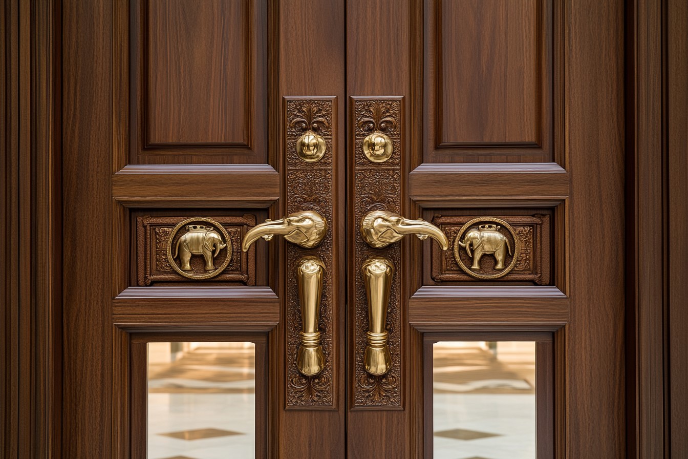 Traditional Pooja Room Door Design with Brass Elephant Handles