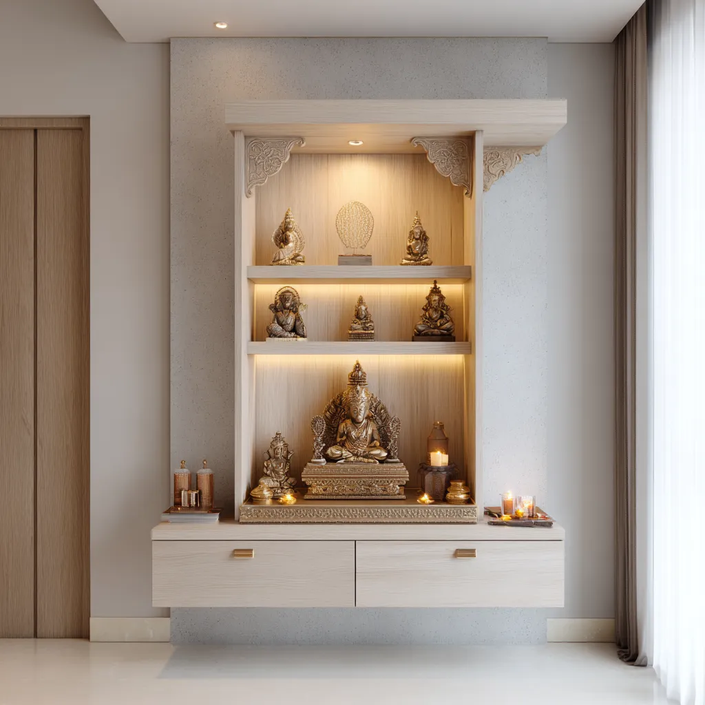 Wall-Mounted Wooden Mandir Design for Modern Homes