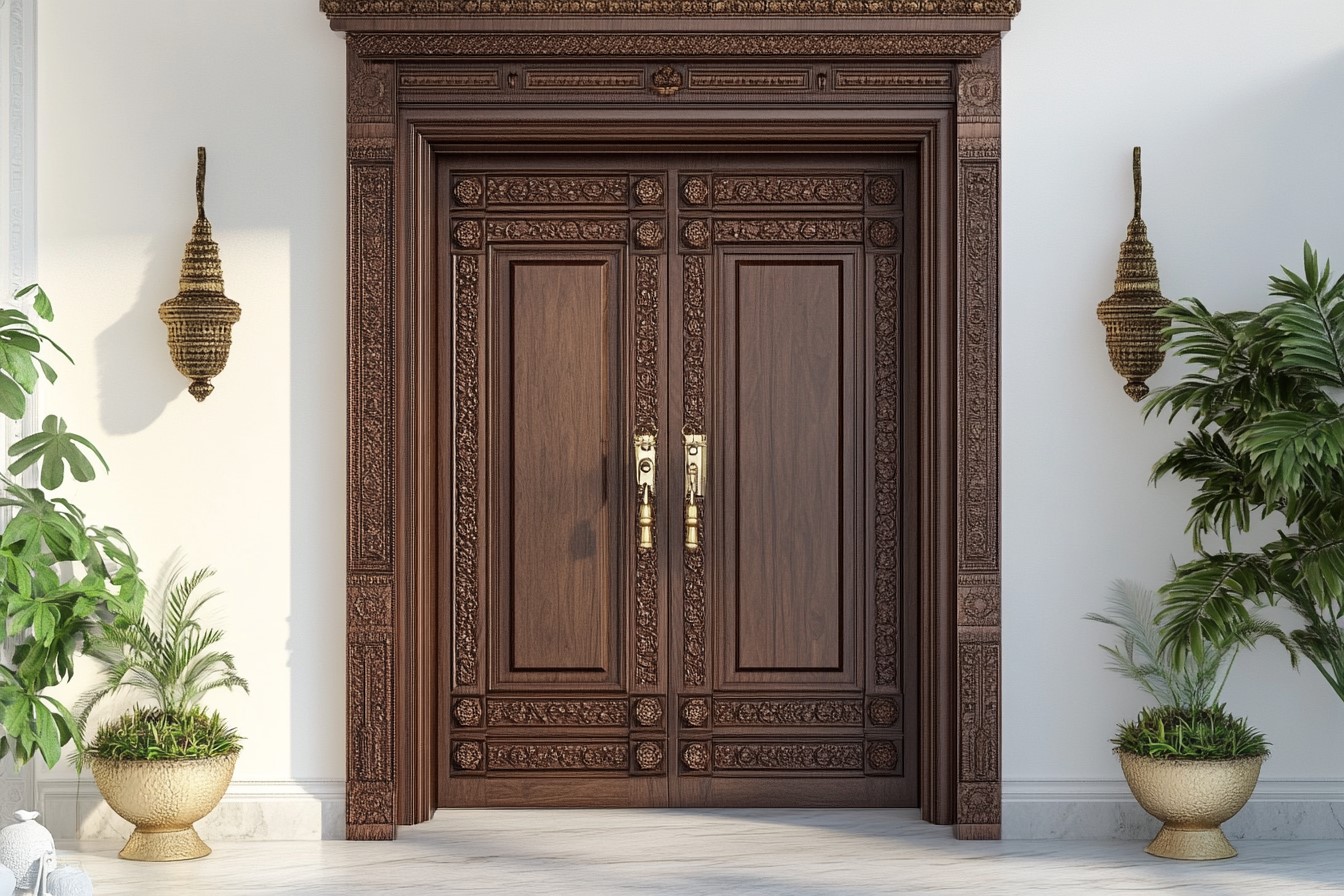 Walnut-Wood Pooja Room Door Design in Traditional Style