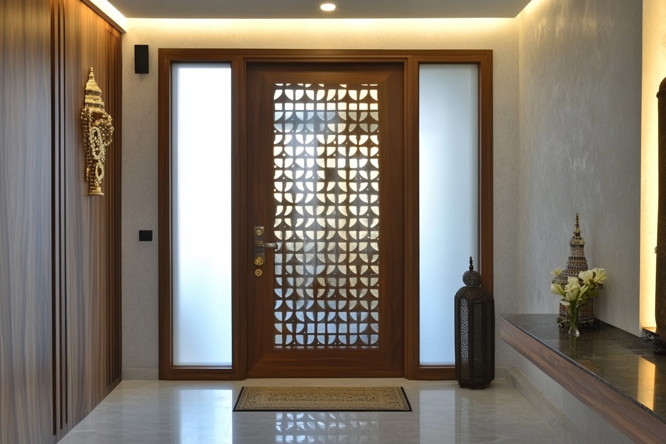 Wood Pooja Room Door Design with Geometric Designs