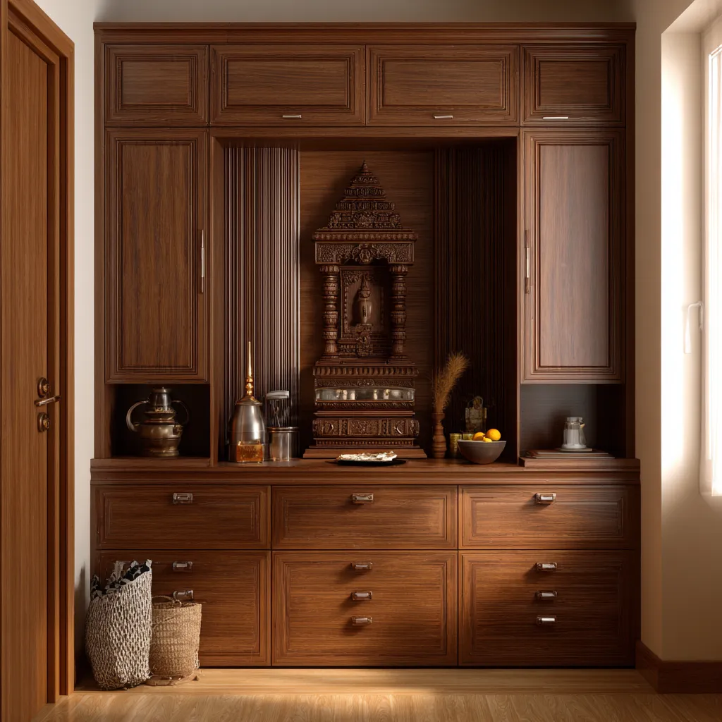 Wooden Pooja Mandir Design with Built-in Storage