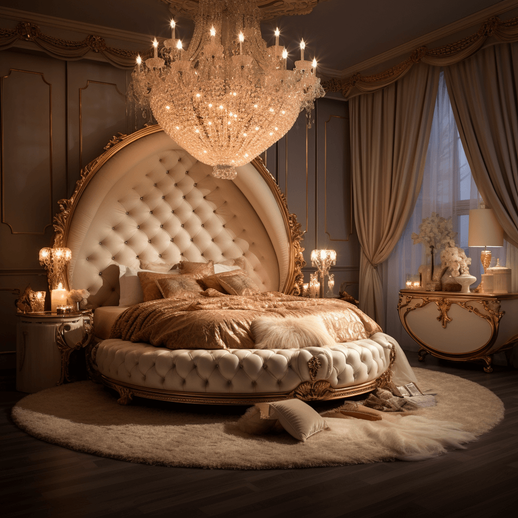 Wooden Round Bed Design with Royal Feel Upholstery