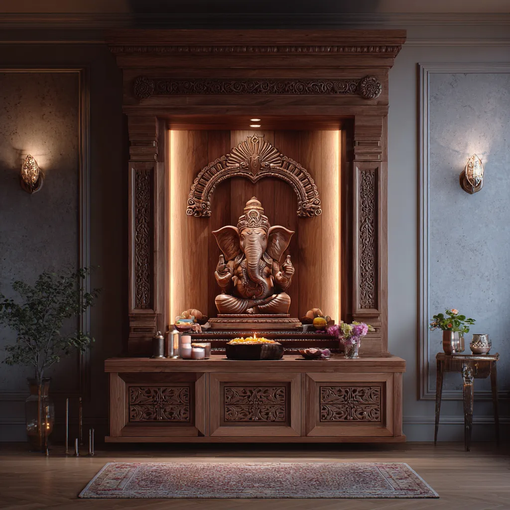 Wooden Temple Design with Decorative Back Panel