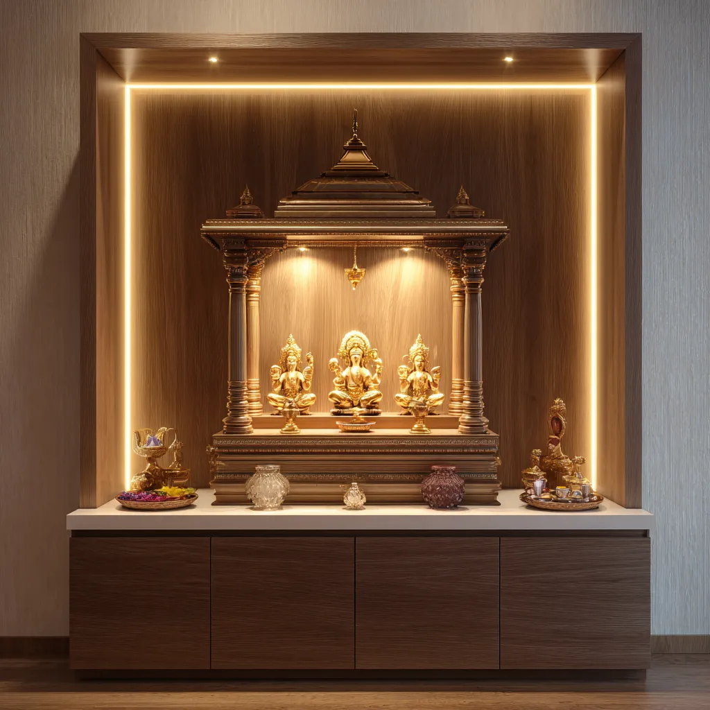 Wooden Temple Design with LED Lighting